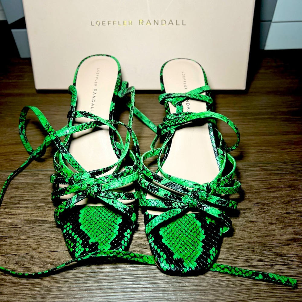 Green Snakeskin Loeffler Randall Strappy Heeled Sandals-Woman’s Size 9